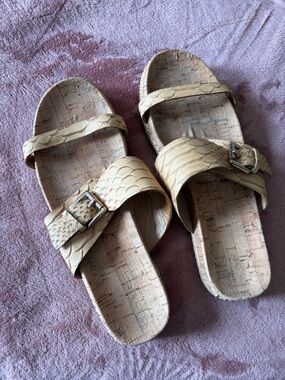 Coach Beige Cork Slide Sandals with Buckle Detail